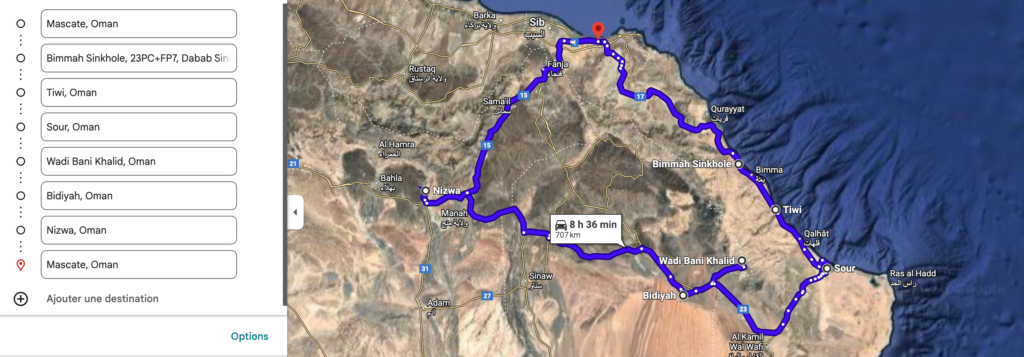 Carte maps avec l'itinéraire de 10j à Oman