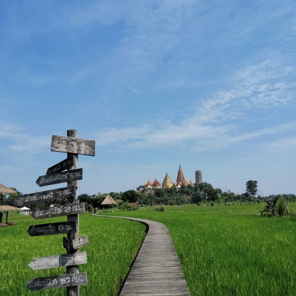 Vue sur le temple Wat Tham Suea depuis le café Meena à Kanchanaburi