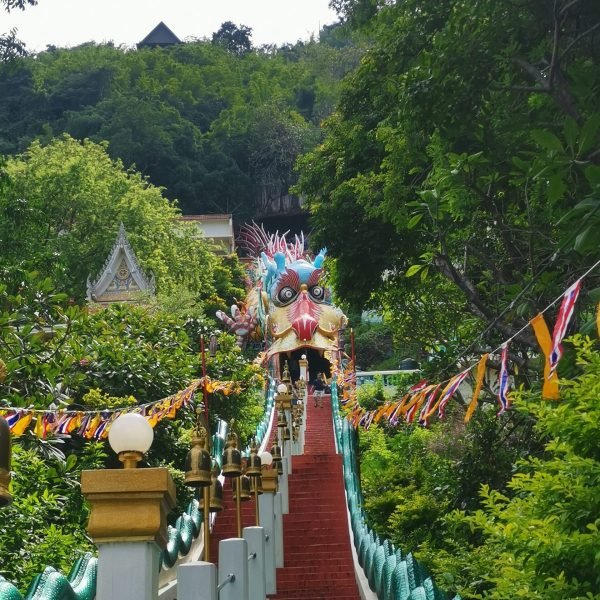 Vue sur les escaliers et le dragon du temple Wat Ban Tham